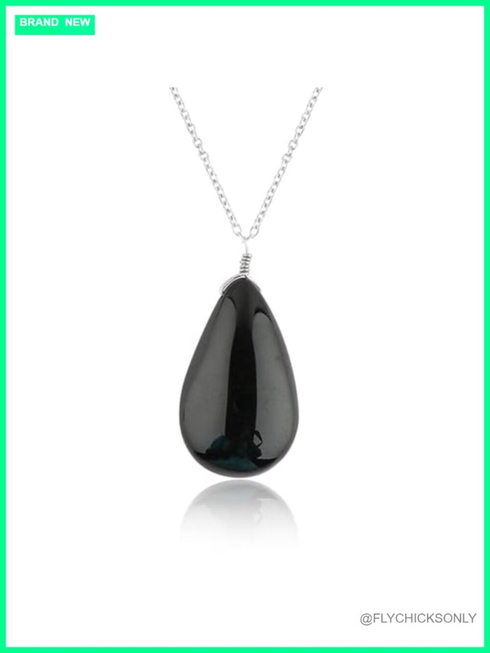 Black Onyx Gemstone Pendant Necklace Silver Plated 18 in Dainty Pear Cabochon